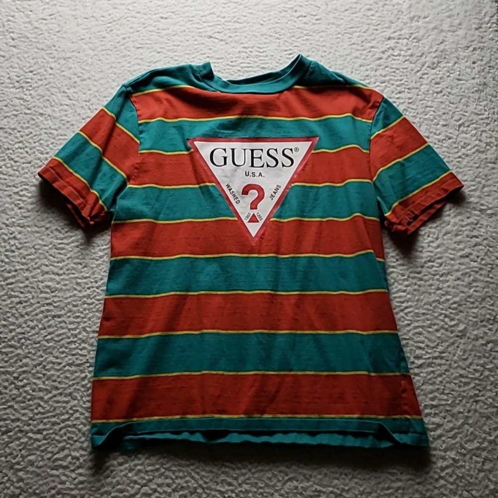 Guess Shirt Mens Small Multicolor Stripe Triangle Logo Graphic Tee Crewneck - Picture 1 of 6